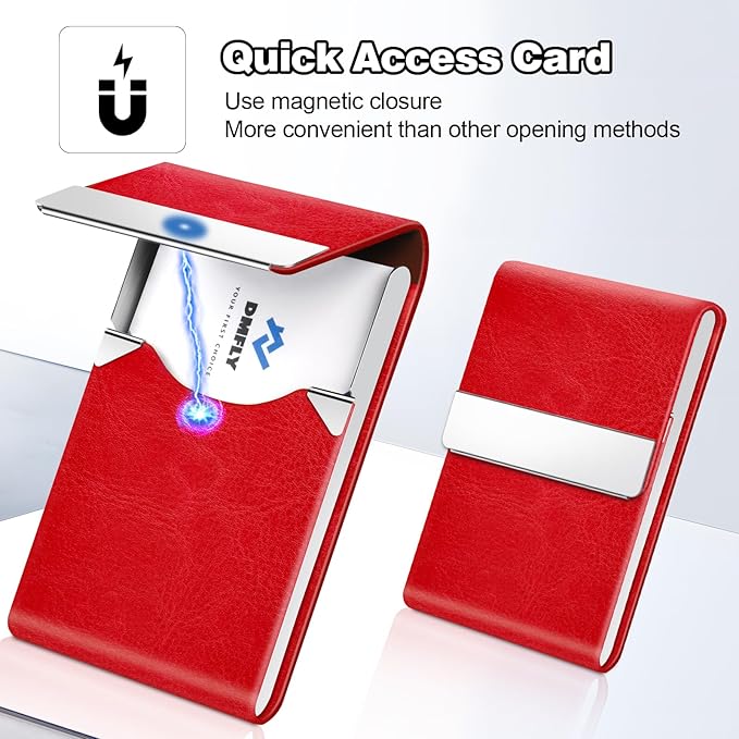 Business Card Holder for Women or Men, Business Card Case with PU Leather and Stainless Steel, Slim Metal Case with Magnetic Closure for Business Meeting Use