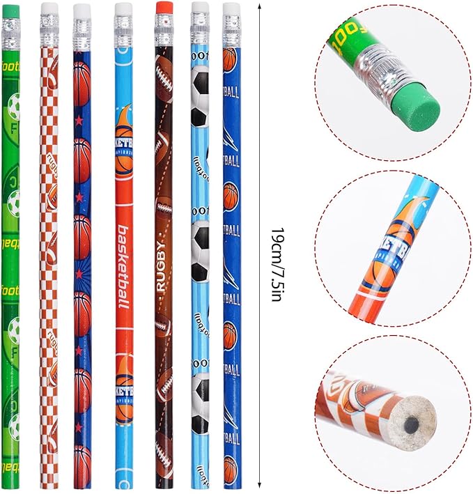 48 Pcs Sports Wooden Pencils with Erasers, Football Soccer Basketball Baseball Funny Sports Pencils for Teacher Gift Supplies, Awards Incentives Pencil (Basketball, Football, Soccer and Baseball)