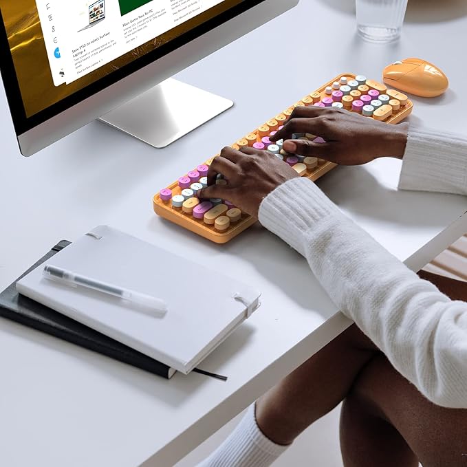 MOFII Wireless Keyboard and Mouse Combo, Orange Retro Keyboard with Round Keycaps, 2.4GHz Dropout-Free Connection, Cute Wireless Mouse for PC/Laptop/Mac/Windows XP/7/8/10 (Orange-Colorful)