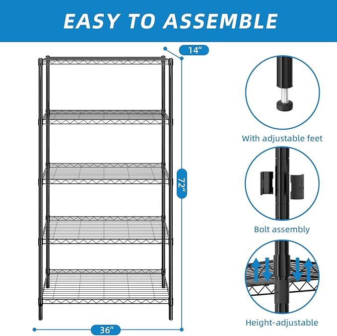 Guan River 5-Shelf Adjustable Metal Shelf Wire Shelving Unit Storage Rack Display Shelf for Office,Kitchen,Bedroom,Bathroom,Laundry,Pantry Basement,Garage(Black,36" L x 14" W x 72" H)