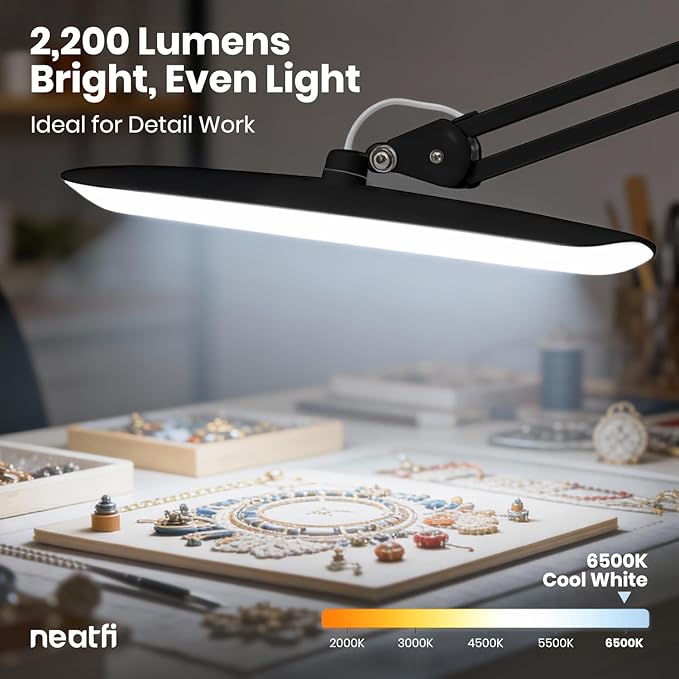 Neatfi XL 2,200 Lumens LED Desk Lamp with Clamp, 24W Bright Architect Task Lamp, 20 Inches Dimmable Computer Light, Adjustable Desk Light for Home, Office, Crafts, Nails & Hobbies (Non-CCT, Black)