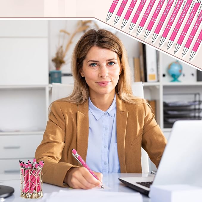 Zonon 12 Pcs Inspirational Pens Bulk Funny Ballpoint Pen with Stylus Tip Motivational Gifts for Valentine's Day Teacher Coworkers Nurse School Office Supplies(Pink,Boss Lady)