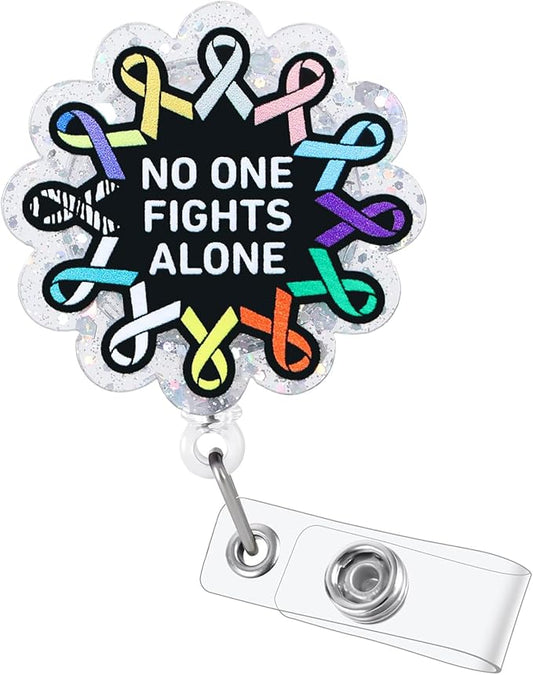 No One Fights Alone Cancer Ribbon Nurse Badge Reel, Cancer Awareness Retractable ID Card Medical Work Badge Holder, Name Tag Badge Buddy for RN CNA Oncology Nurse Nursing Student Oncologist Doctor