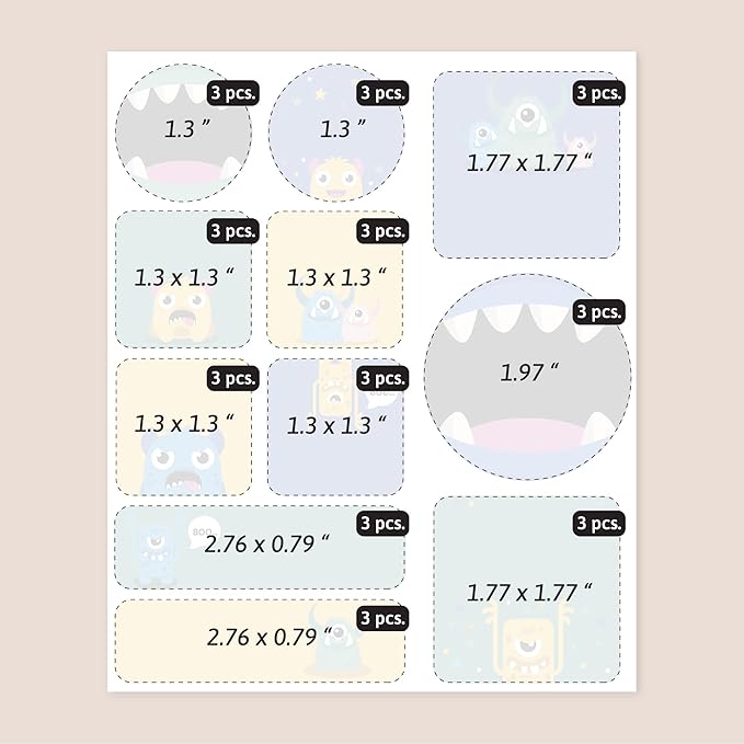 Large Name Labels for Kids (33) - Custom Stickers for Daycare and School Supplies - Durable, Waterproof Stickers for Water Bottles, Lunch Boxes, and More with Unique Designs - Monster