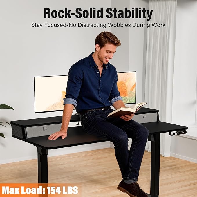 Kingant 55 x 24 Inch Electric Standing Desk with Dual Drawers, Height Adjustable Sit to Stand Computer Desk with Storage Shelf and C-Clamp Mount Compatibility for Home Office, Black