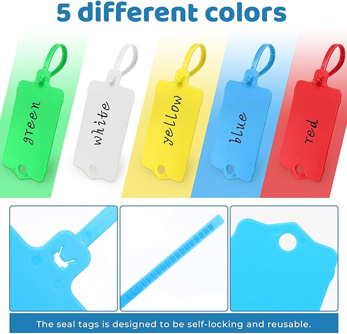 LeonBach 100 PCS Plastic Shipping Tags,1.46" x 2.48", Waterproof Labels Writable Hanging Tag with Sealing Strap,Shipping Cable Tie Label Tags for Keys Luggage Logistic Retail Inventory(Multicolored)