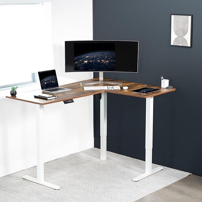 VIVO Electric Corner 63 x 47 inch L-Shaped Standing Desk, Memory Height Adjustment, Rustic Vintage Brown Top White Frame, DESK-E3CTWN-47