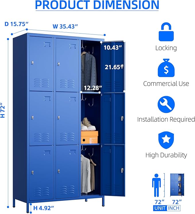 SUPEER 9 Doors Metal Locker for Employees with 27 Hooks and Business Card Holder,Metal Locker with Ventilation Holes for School Garage Office Gym Home,Assembly Required,Blue