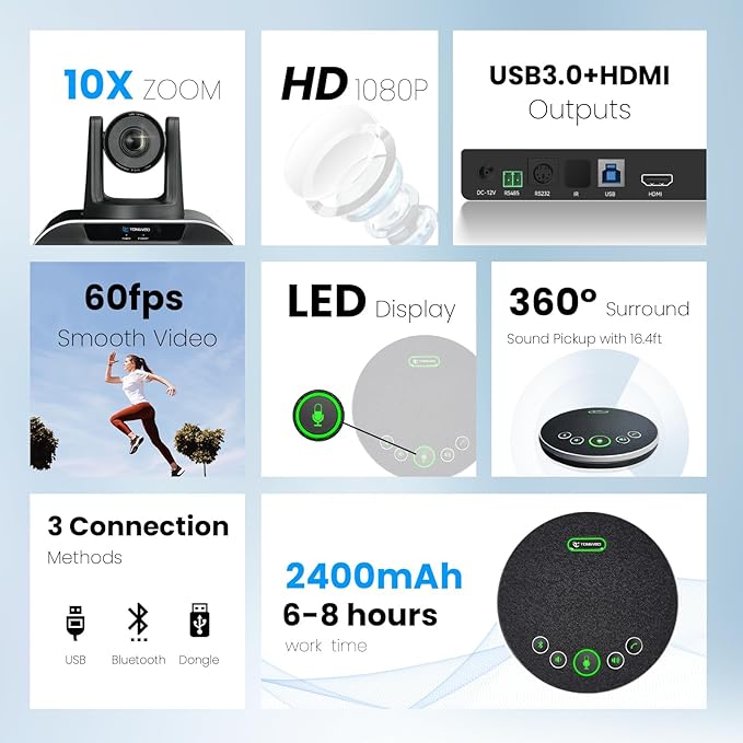 TONGVEO 10x Zoom Conference Room Video Camera System, All-in-One HD 1080P 60fps 10X Optical Zoom USB3.0 HDMI PTZ Camera and Bluetooth Conference Speaker with Microphones Bundle for Medium Room