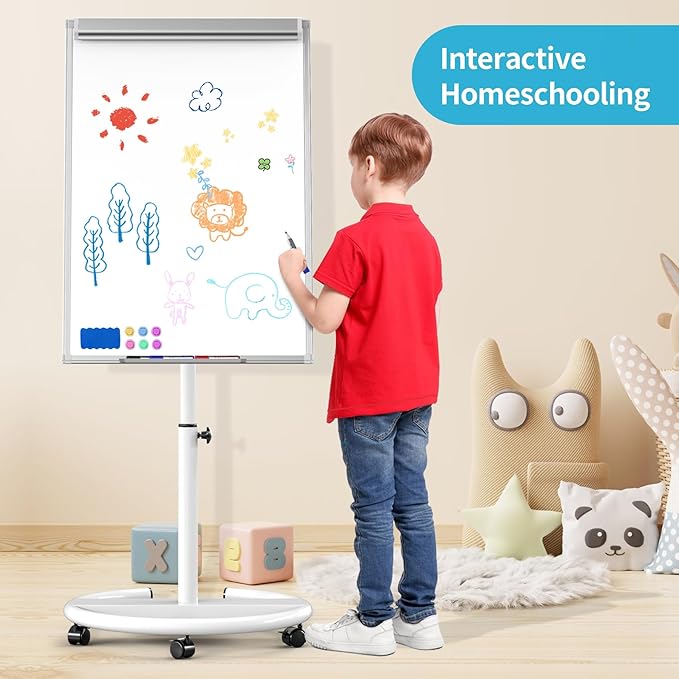 Mobile Dry Erase Board on Wheels 40 x 28 Inch-Magnetic Whiteboard Easel with Height Adjustable Stand - Rolling Presentation Board with Flipchart Paper Pad for Homeschool Teaching, Office, Workshops