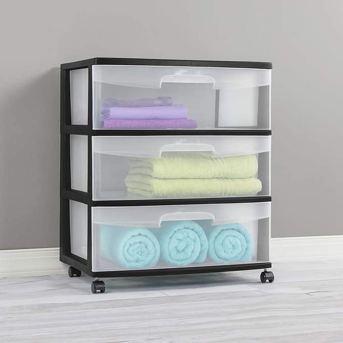 3-Drawer Wide Rolling Storage Cart with Clear Drawers and Wheels, Durable Plastic Storage Organizer for Bedroom, Closet, Dorm and Home Office.