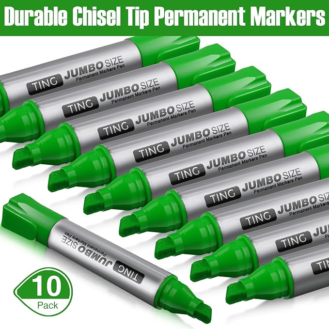 Fuutreo 10 Pack Jumbo Permanent Markers Bulk Large Chisel Tip Permanent Markers Quick Drying Waterproof Big Huge Poster Pens for Office, Logistics Company and More Adult(Grass Green)
