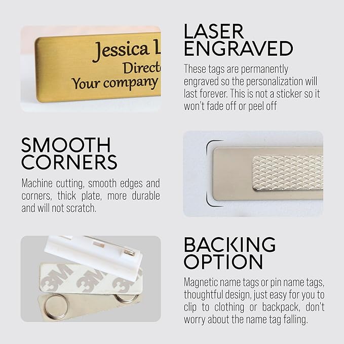 Custom Engraved Name Tag Badges Identification Personalized with Pin or Magnetic Backing, Metal Name ID for Clothing Brushed Gold & Silver Plates with Black Letters for Business or Employees