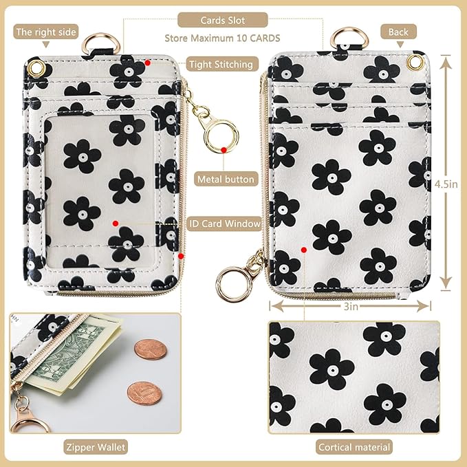 2-in-1 ID Badge Holder & Lanyard Wallet for Womens Cute Black Flower Leather Zip ID Case Wallet with Breakaway Wrist & Neck Lanyard, Clear Window, 5 Card Slots, Ring Keychain for Worker Teacher Nurse