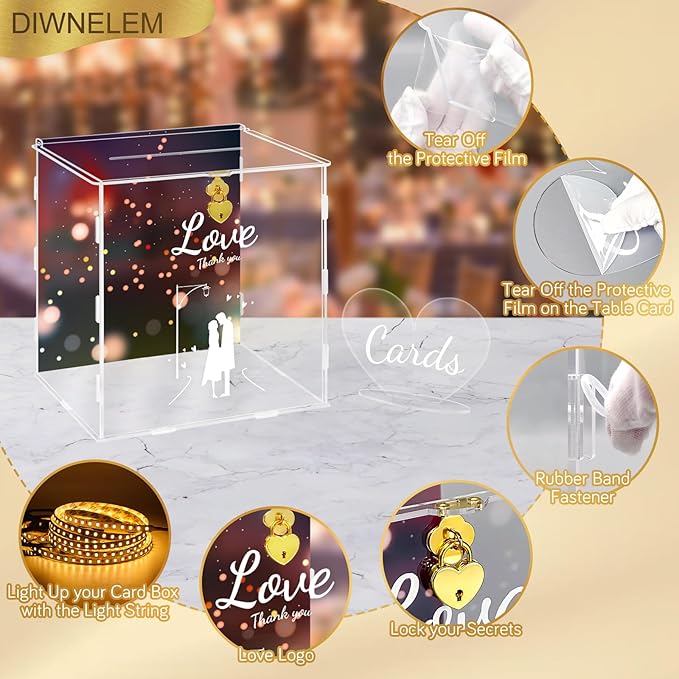 DIWNELEM Wedding Card Box with Lock&Light Large Letter Envelope Box Wedding Gift Card Box Money Box for Reception Baby Shower Birthday Party Graduation Decorations