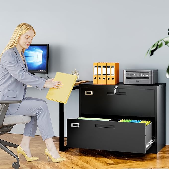 AFAIF 2 Drawer File Cabinets for Home Office, Metal Filing Cabinet with Lock, Black Locking File Caninet Two Drawer, Office Storage Caninets Steel Cabnet for Letter/Legal/A4/F4-Assembly Required