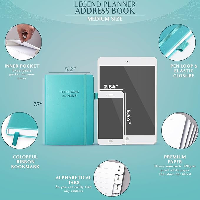 Legend Planner Address Book with Alphabetical Tabs –Telephone Contacts Book for Phone Numbers, Addresses, Passwords, Medium (Turquoise)