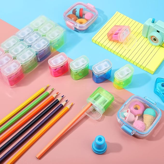 96 Pieces Pencil Sharpeners for Kids Colored Pencil Sharpeners Manual Double Hole Pencil Sharpener with Lid Hand Held Pencil Sharpener with Cover to Catch Shavings for School Office Home