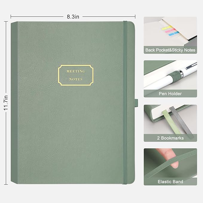 EMSHOI Meeting Notebook for Work with Sticky Tabs - 240 Pages, A4 Size Project Planner, PU Leather Meeting Agenda/Minutes Organizer for Women Men, Note Taking, Office & Business, 8.3"x11.7", Green