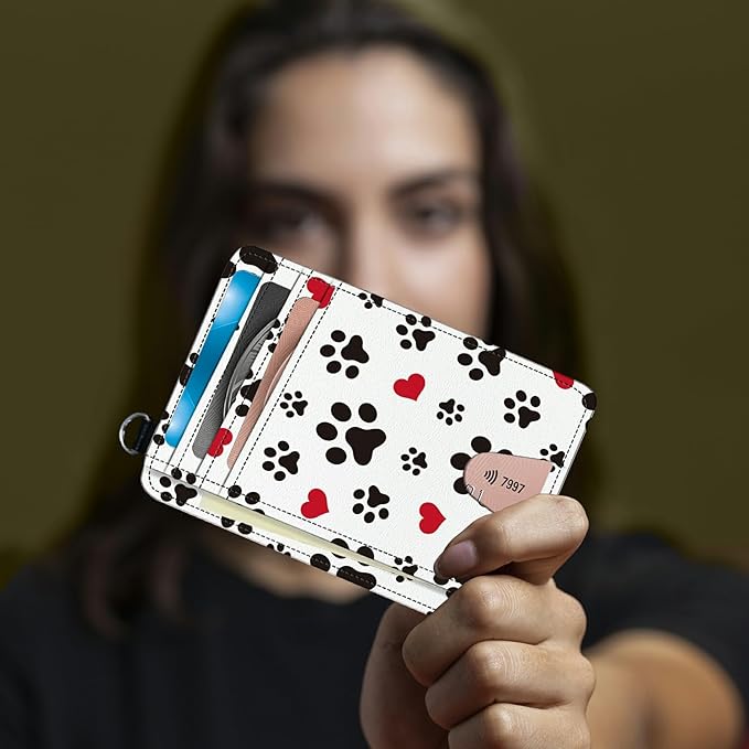 BWEGRHE Small Travel Wallets, Cute Dog Paw Prints Slim Minimalist Front Pocket Wallet with Wristlet, RFID Blocking PU Leather Credit Card Holder with ID Window Change Purse for Men Women