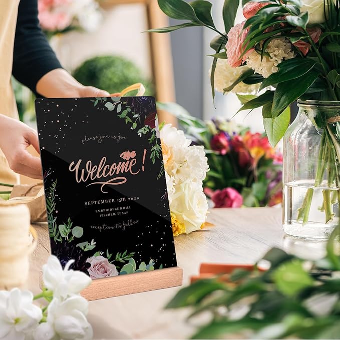 Pintuson 4 Pack Mini Chalkboard Signs - 8x6 inch Acrylic Chalk Board - Small Chalkboard Signs with Beech Base - Double Sided Blackboard for Display Menus, Food Signs, Message Boards, Table Numbers