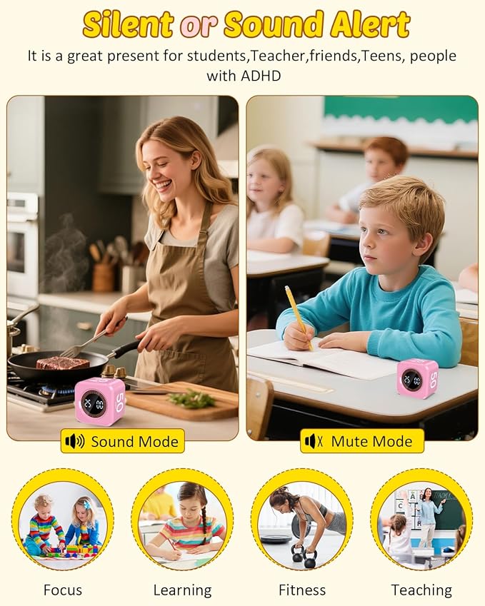 Digital Pomodoro Timer Cube 5/10/25/50min, Visual Productivity Flip Timer for Kids Classroom Desk, Custom Countdown, Silent and Sound Mode for ADHD Study Work Game Kitchen (Pink)