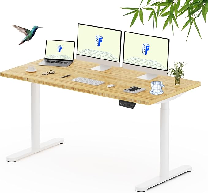 FLEXISPOT Bamboo Electric Standing Desk with Elegant Oval Legs, 60"x30" Height Adjustable Desk for Home Office & Living Spaces, White Frame