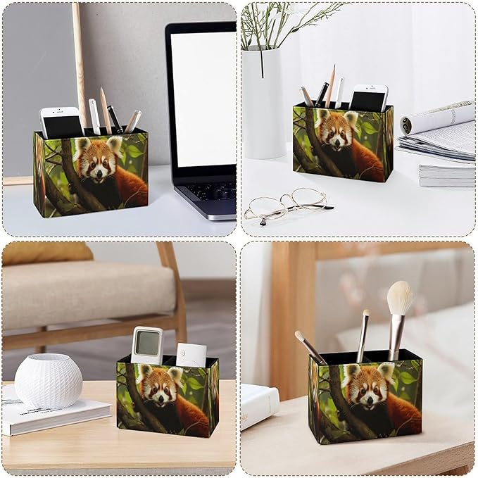 Famame Red Panda Pencil Holder for Desk, Leather Desktop Container Pen Cup Storage Study Table Pen Organizer Makeup Brush Holder for Classroom Office Home