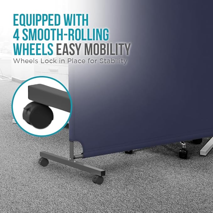 Steel-AID 50-inch Rolling Privacy Room Divider - Freestanding Office Wall Partition with Non See-Through Blackout Screen - Sturdy & Durable Iron Frame - Rolling Wheels - Black, White, Gray & Blue