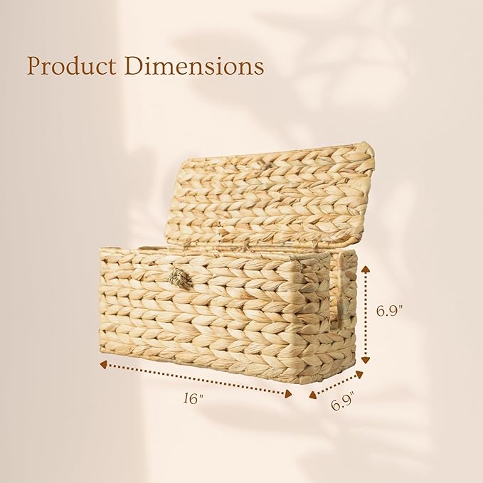 BINH YEN HOME Wicker Cable Management Box with Lid, A Handwoven Water Hyacinth Cords Hider Box for TV, Computer, Router, USB Hub to Hide Cords & Power Strip for Desk, Floor, Office, 16x6.9x6.9”