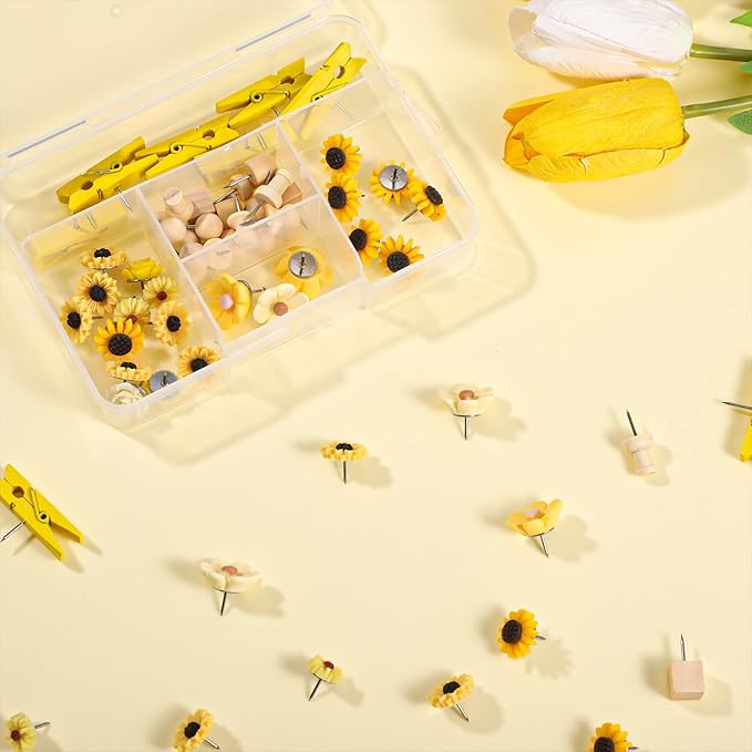 78 Pieces Push Pins Set Cute Thumb Tacks Decorative Flower Push Pins for Wall Cork Board Bulletin Boards with Storage Box（Yellow Style）