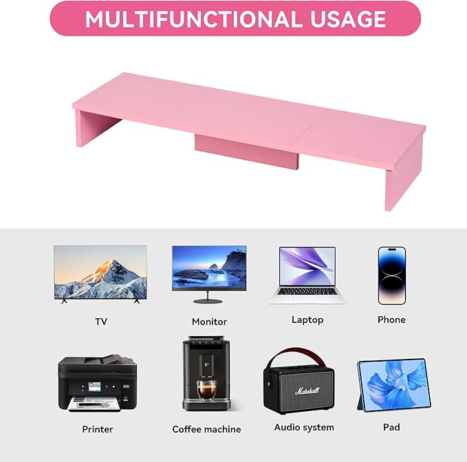 Qupui Dual Monitor Stand Riser, Large Computer Monitor Stand for Desk, Monitor Riser for 2 Monitors, Wood Desk Shelf for Top of Desk, Desktop Organizer for Computer, Laptop, Printer, TV, Pink