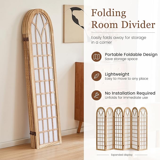 Asnefeli 6 Panel Japanese Room Divider, Shoji Style Partition Divider, Fully Assembled Wooden Privacy Screen for Home Office Bedroom Apartment Decoration, Natual