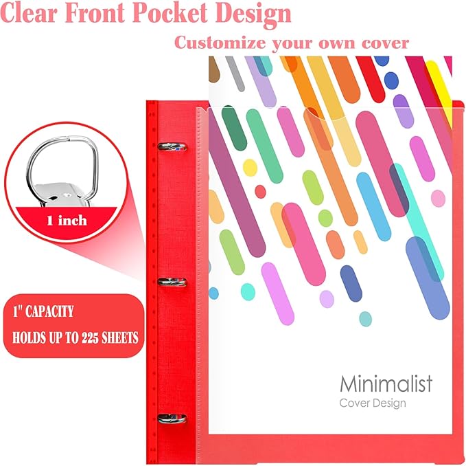 INFUN 1 Inch Telescoping 3 Ring Binder - 12 PCS, Flexible Round Binder with Customizable Front Cover and Clear Catalog Pocket, 1 Inch Rings, 225 Sheet Capacity- Green, Red, Orange, Blue