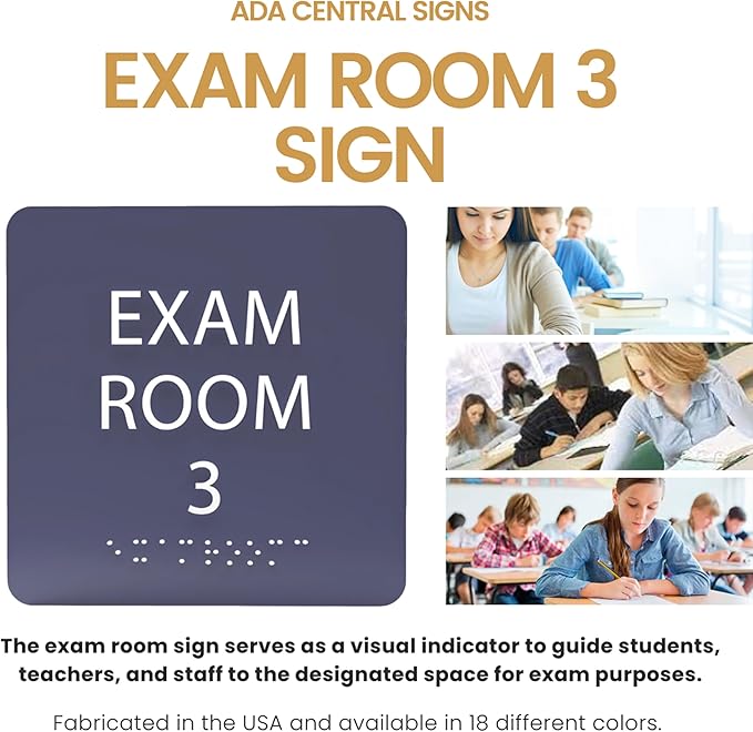 ADA CENTRAL SIGNS - 6" X6" Exam Room 3 Sign - ADA Compliant Tactile Graphics Grade 2 Braille Text Acrylic Wall Signs - Educational Institution Directional Assistance Test Center Door Sign for Schools