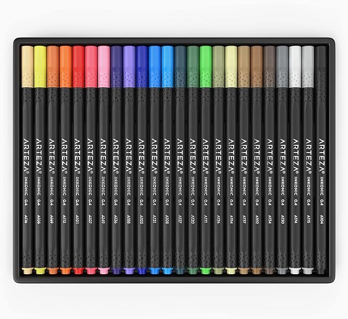 ARTEZA Inkonic Fineliners Fine Point Pens, Set of 24 Fine Tip Markers with Color Numbers, 0.4mm Tips, Ergonomic Barrels, Brilliant Assorted Colors for Coloring, Drawing & Detailing
