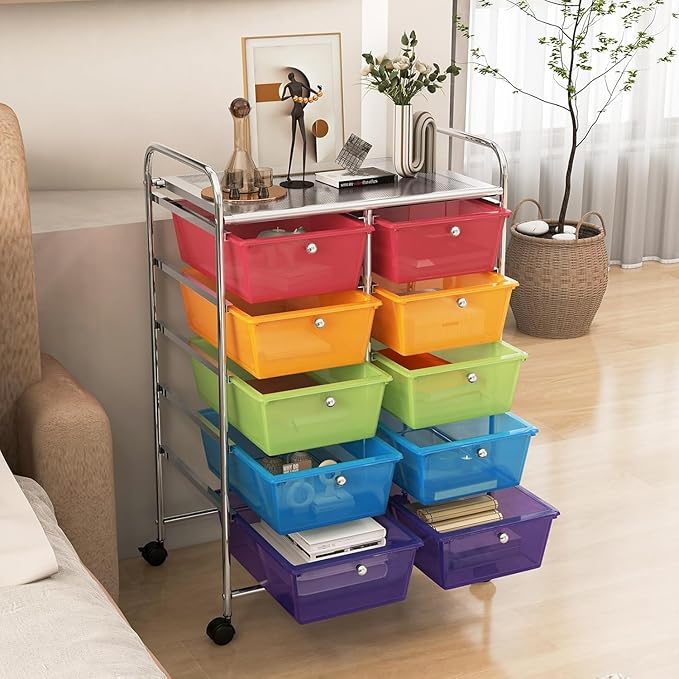 LDAILY 10 Drawer Rolling Cart, Storage Cart Organizer on Wheels, Drawer Cart with Metal Frame & Large Storage Capacity, Rolling Cart with Drawers for Living Room Classroom, Office
