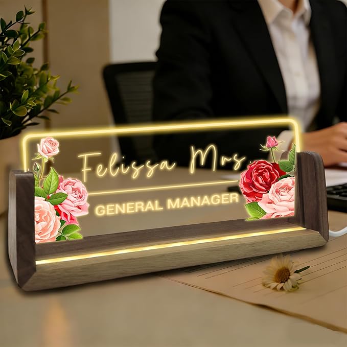 Desk Name Plate Personalized with Flowers Custom Light Up Acrylic Plaque for Desk Customized Office Gifts for Boss Coworkers Teacher Employee Office Decor for Women Men