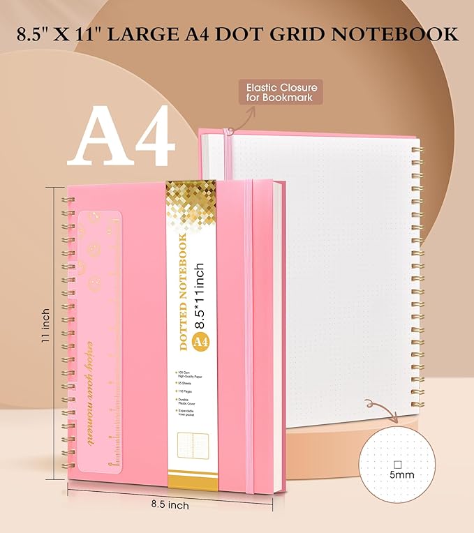 UEBZFOCS Dotted Notebook, Spiral Notebook Journal 8.5” x 11”, A4 Large Dot Grid Notebooks for Women Men, 100 GSM Dotted Paper, Plastic Hardcover Spiral Bullet Journals for Work School Sketching, Pink