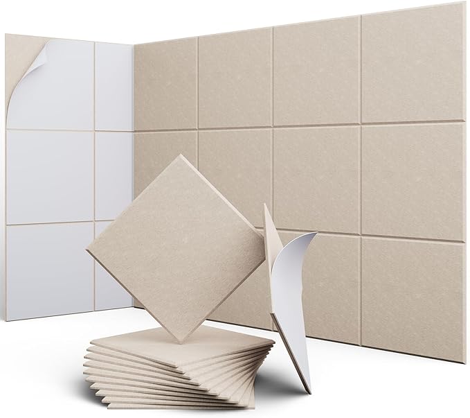 UNECHO 12 Pack 12" X 12" X 0.4" Acoustic Panels for Wall Sound Absorbing, Square Self-Adhesive Sound Panels, High Density Suitable for Multiple Scenarios(Light Camel)