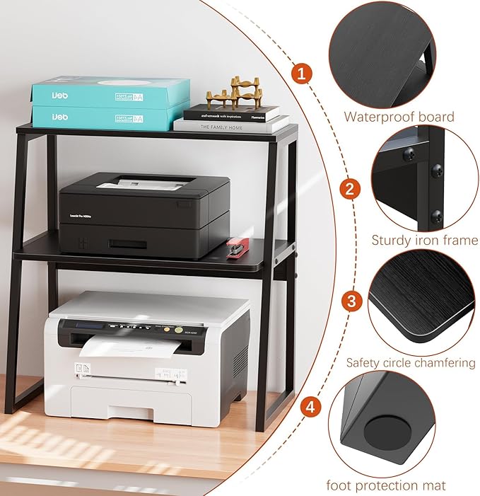 Arbuxzuy Printer Stand, Desktop Printer Shelf, 3 Tier Desk Shelf for top of Desk, Large Printer Stands Office Organization Shelves for Home Office Printer Fax Book, Black