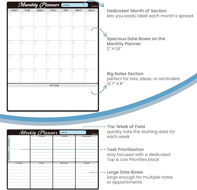 Magnetic Dry Erase Monthly Calendar Set - 15.5"x13" Monthly and 8.5"x13" Weekly Calendar for Fridge - 6 Extra Fine Point Markers Included - Shipped Flat