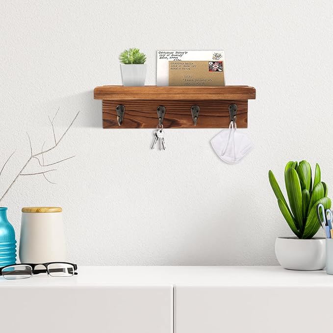 HRONRAD Rustic Key Holder for Wall, Farmhouse Wall Shelf with 4 Hooks, Wall Mounted Key Racks, Wooden Mail Organizer with Hooks for Entryway (Brown - Pine)