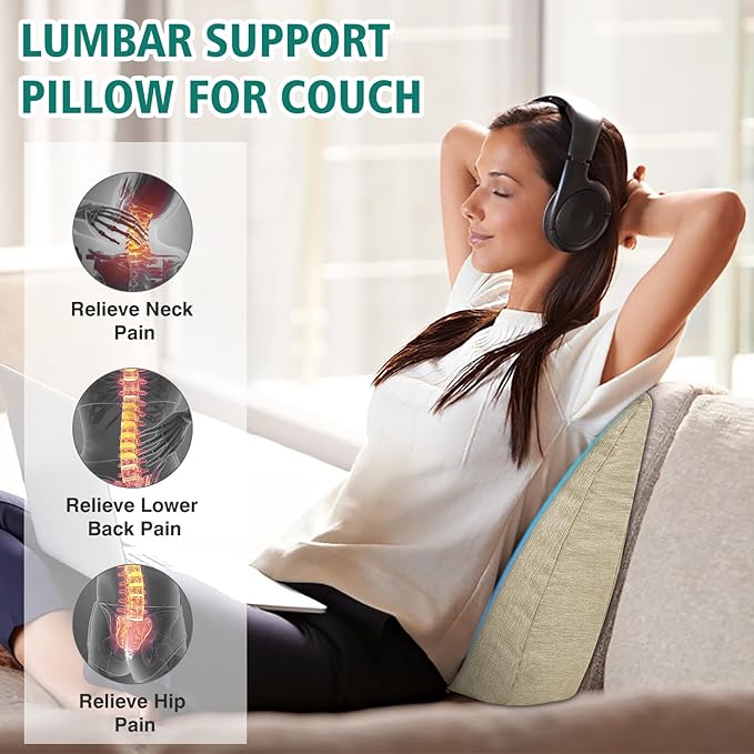 TANYOO Back Support Pillow for Recliner Soft Dual Layer Lumbar Support Pillow with Shredded Memory Foam Ergonomic Orthopedic Couch Lumbar Cushions for Elderly Lower Back Pain Relief Khaki
