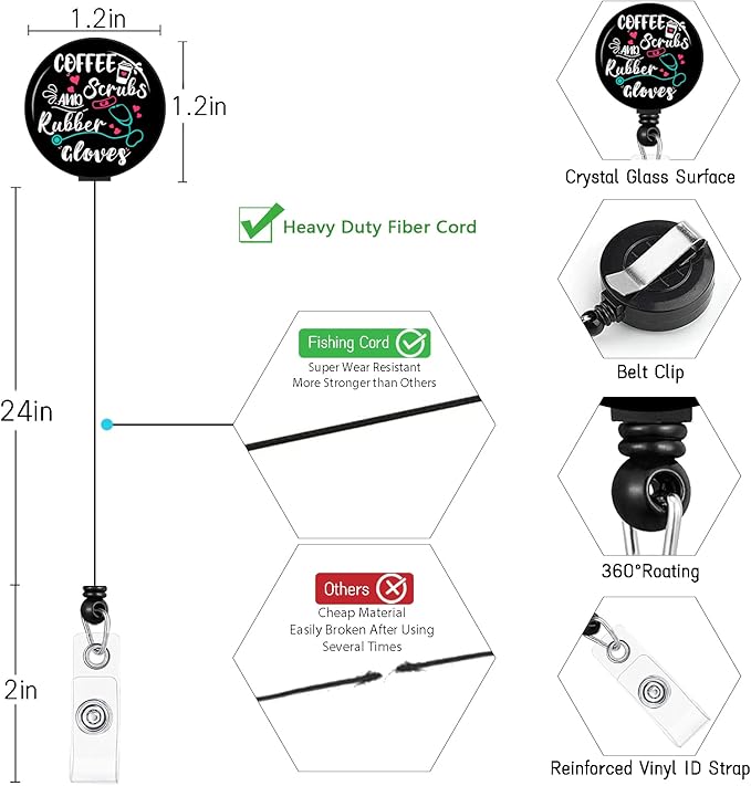 Funny Nurse Lanyards for ID Badges Name Tags ID Card Holder, ID Badge Holder with Breakaway Lanyard, Cute Badge Reel Badge Clip Retractable, Coffee Scrubs and Rubber Gloves (Black)