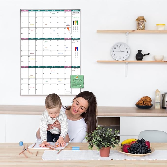 ARCOBIS 3-Month Dry Erase Calendar for Wall, 39"x28" Magnetic Whiteboard Calendar with Silver Aluminum Frame, Monthly Calendar Board for Office, Home, School