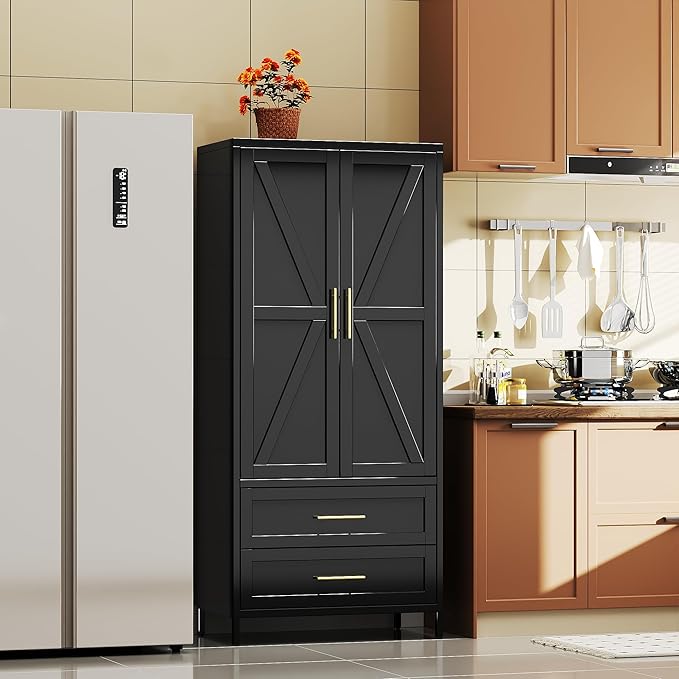 SUPEER Metal Wardrobe Cabinet with 2 Drawer and Hanging Rod, 70.9" H Metal Armoire Wardrobe Closet with Adjustable Shelf for Bedroom, Laundry Room, Home,Office,Installation Required,Black