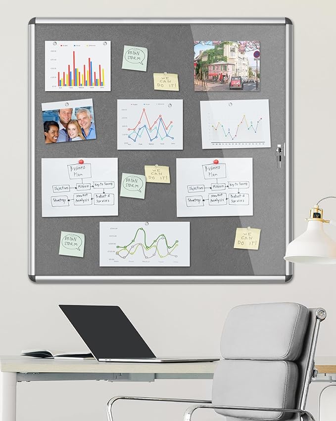 Mifuro 38"x38" Enclosed Bulletin Board, Lockable Weather-Resistant Aluminum Cork Noticeboard for School & Office, Silver Frame w/Grey Flet