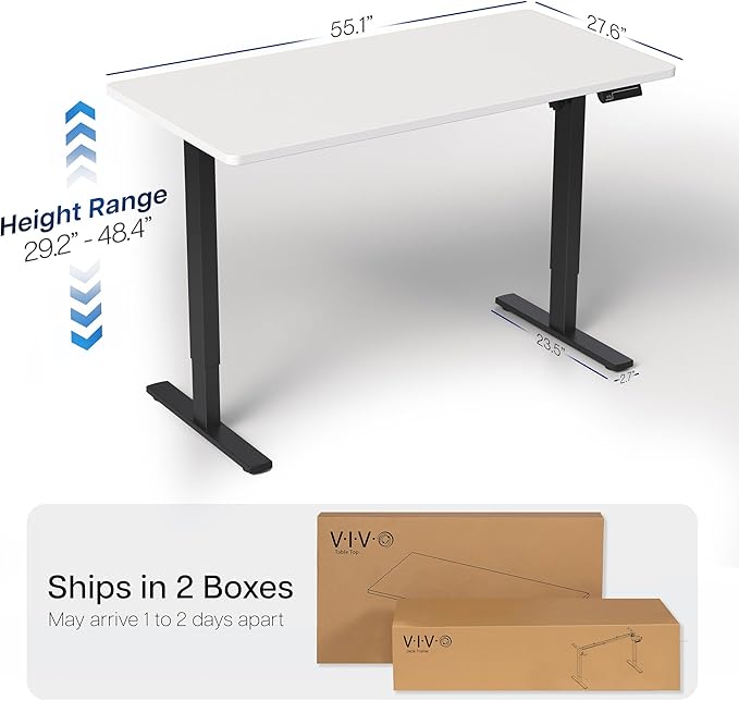 VIVO Electric 55 x 28 in Standing Desk, Memory Height Adjustment, 1B Series, Holds 220 lbs, One-Piece White Top, Black Frame, DESK-KIT-1B55W