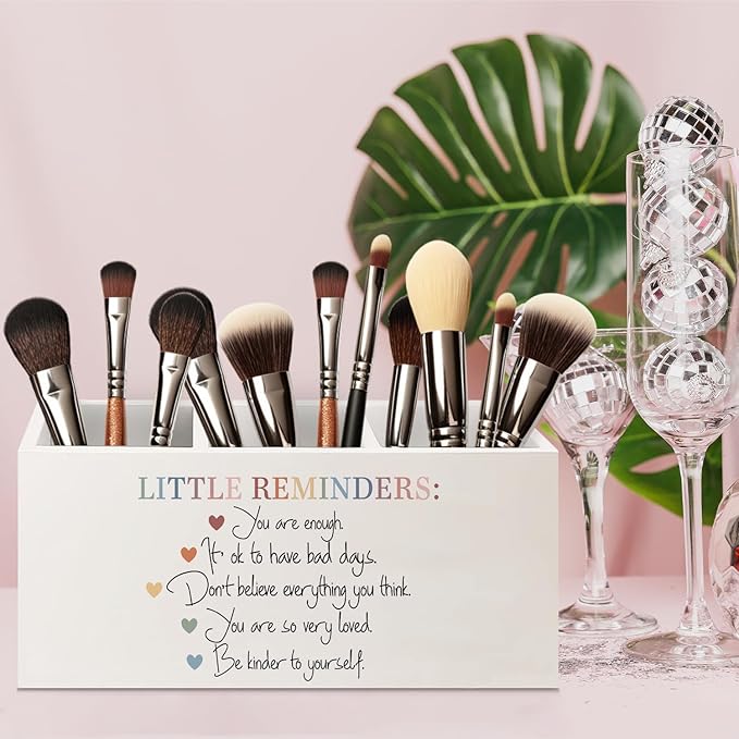 URLLUAE Little Reminders Mental Health Wooden Pen Pencil Holder for Office Desk Accessories, Therapist Gifts, Mental Health Positive Affirmations Makeup Brush Toothbrush Holder Organizer